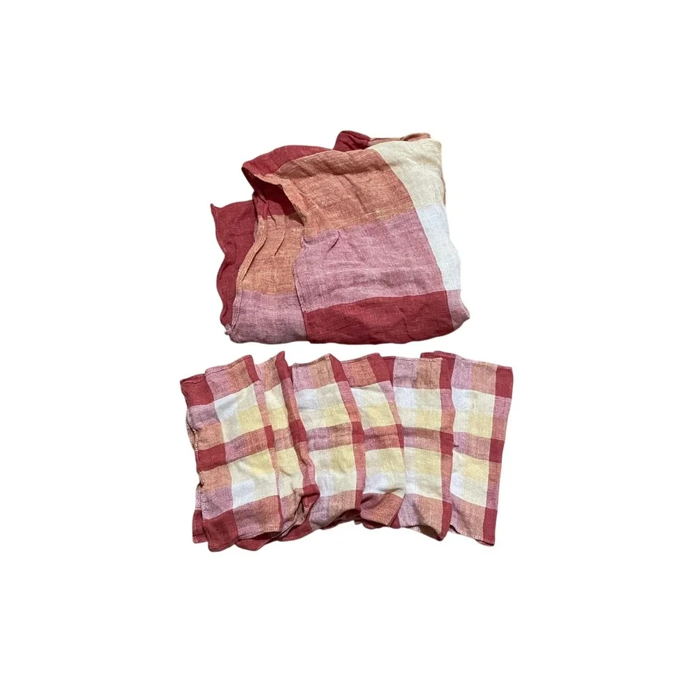 VTG Red Orange Linen Buffalo Check Tablecloth and 6 Napkins Set Farmhouse 48x48